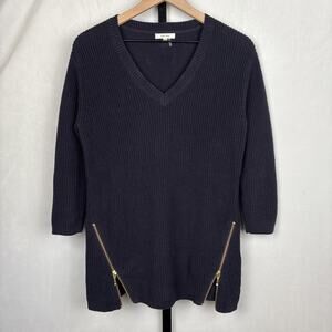 Tyler Boe 100% Cotton V-Neck Tunic Sweater Women's Medium Navy Zipper Detail